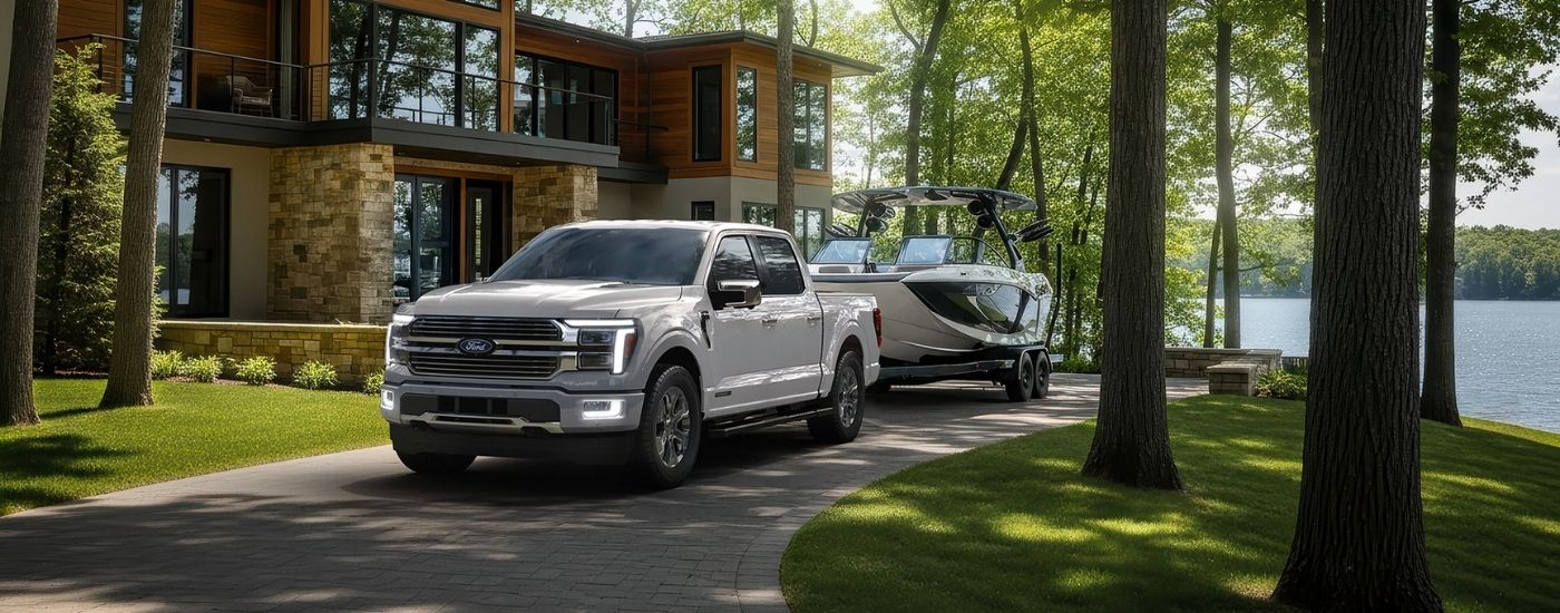 White 2026 Ford F-150 towing a boat