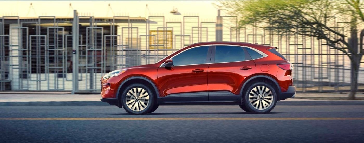 Red 2020 Ford Escape parked by a sidewalk.