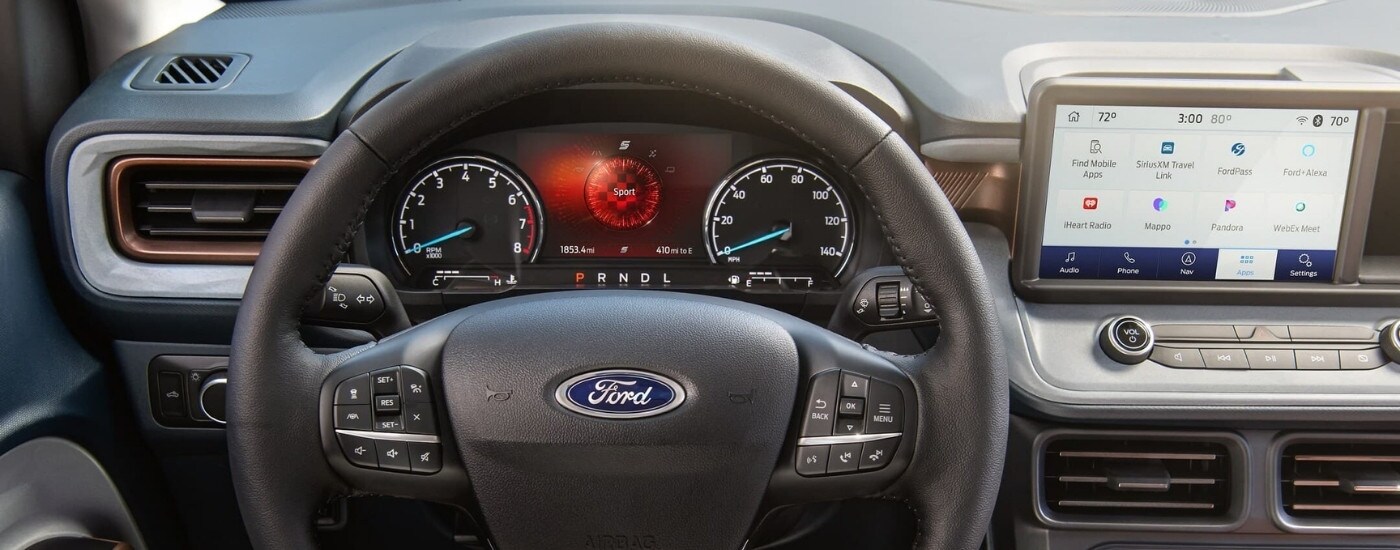 Sport mode is shown on the digital gauge in a 2022 Ford Maverick.