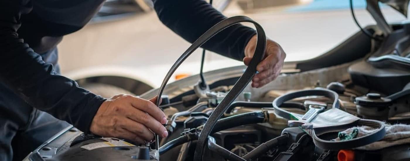 A mechanic holding a timing belt.