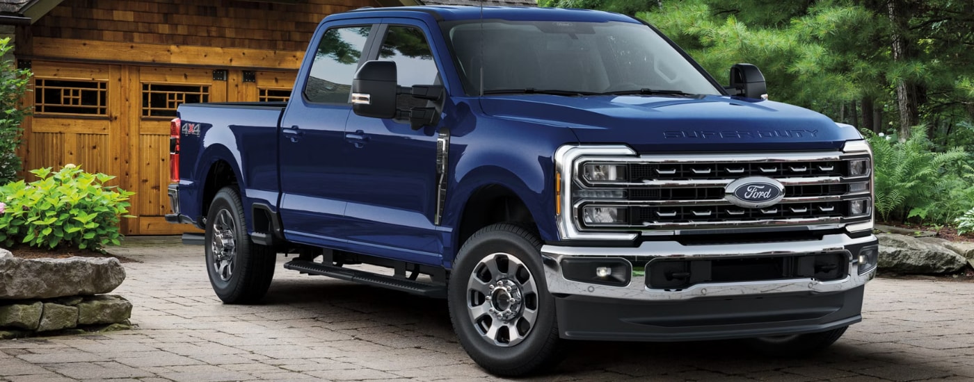 Blue 2026 Ford F-250 Super Duty in a driveway after visiting a car dealership near Nevada