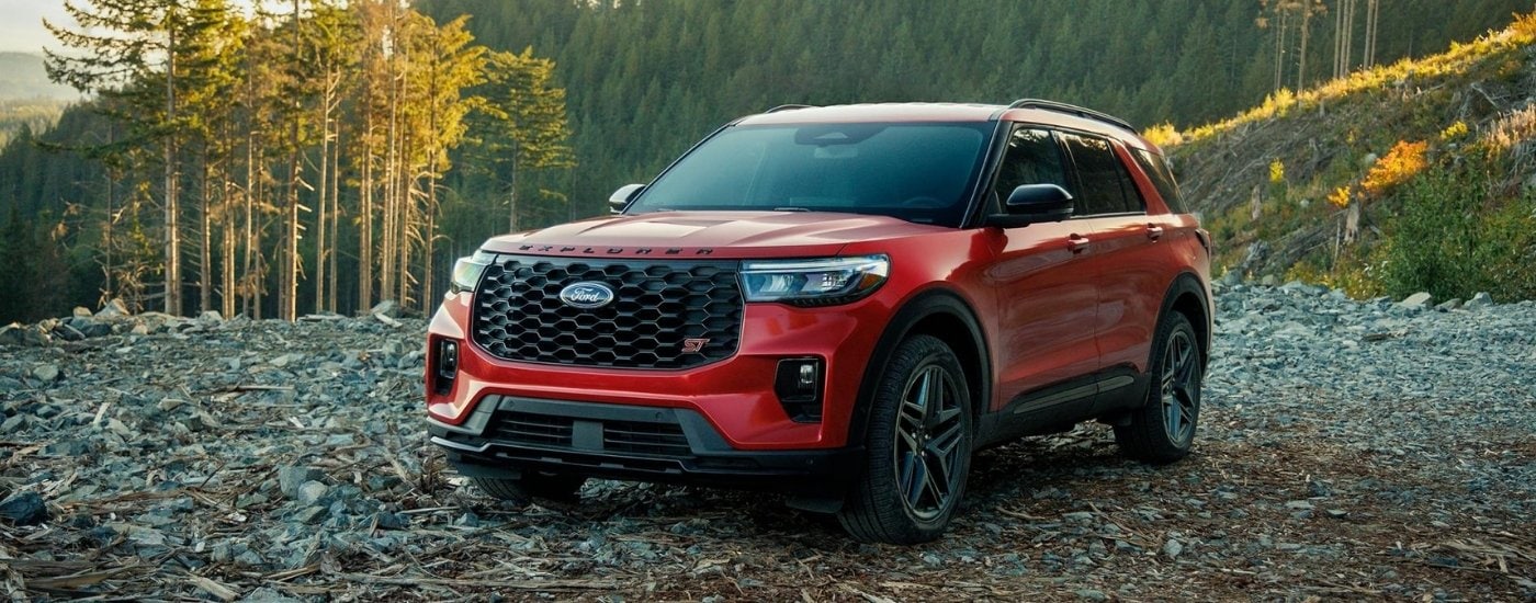 A red 2025 Ford Explorer for sale near Carey from the front at an angle.