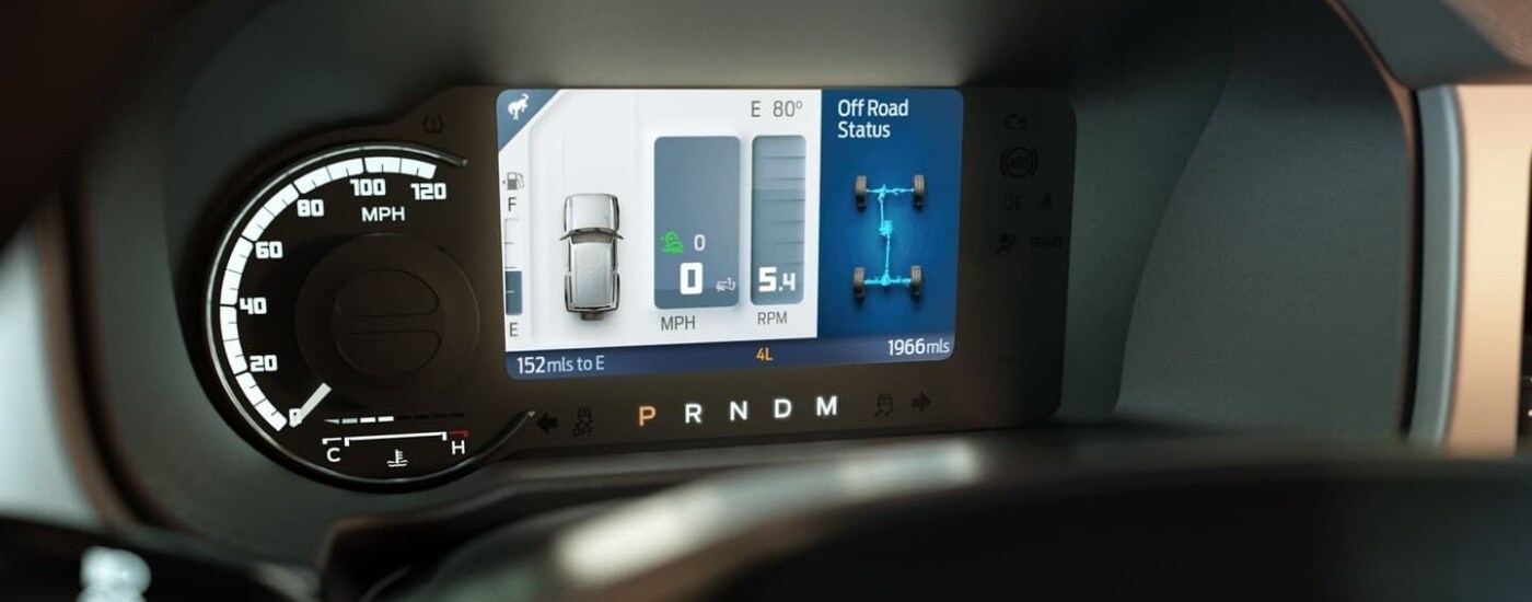 A close up shows digital gauges in a 2023 Ford Bronco for sale near Upper Sandusky.