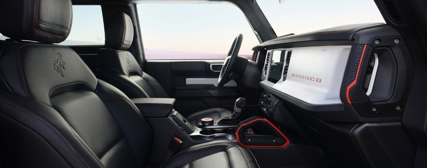 The black and white interior is shown in a 2025 Ford Bronco Stroppe.