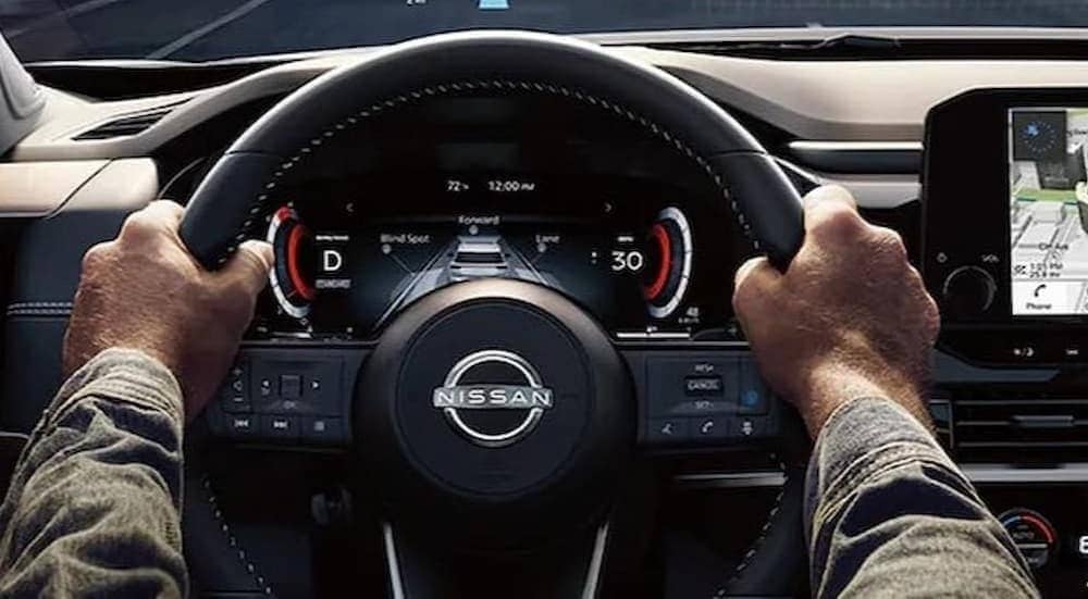 Close-up of the steering wheel in a 2025 Nissan Pathfinder.