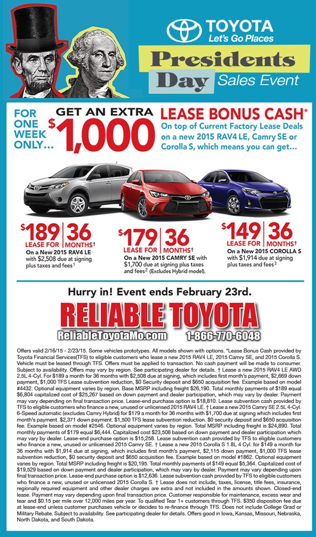 Presidents Sale Event Lease Special Offers on New Toyotas in Springfield, MO
