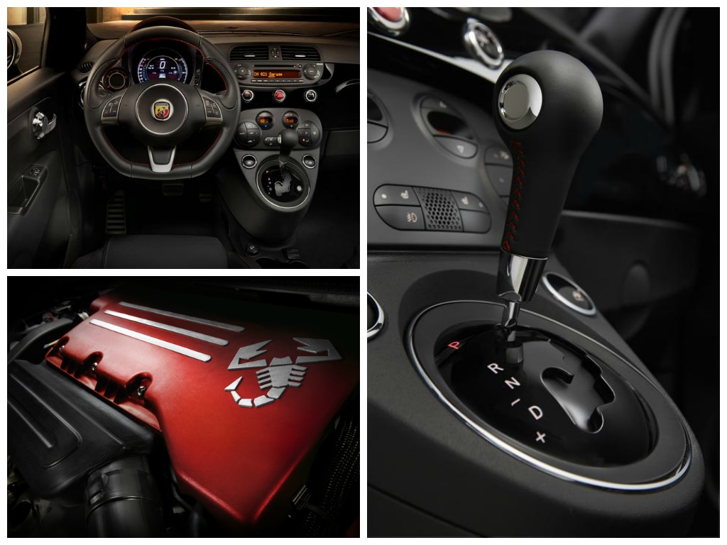 photo collage of FIAT 500 Abarth Automatic interior and engine