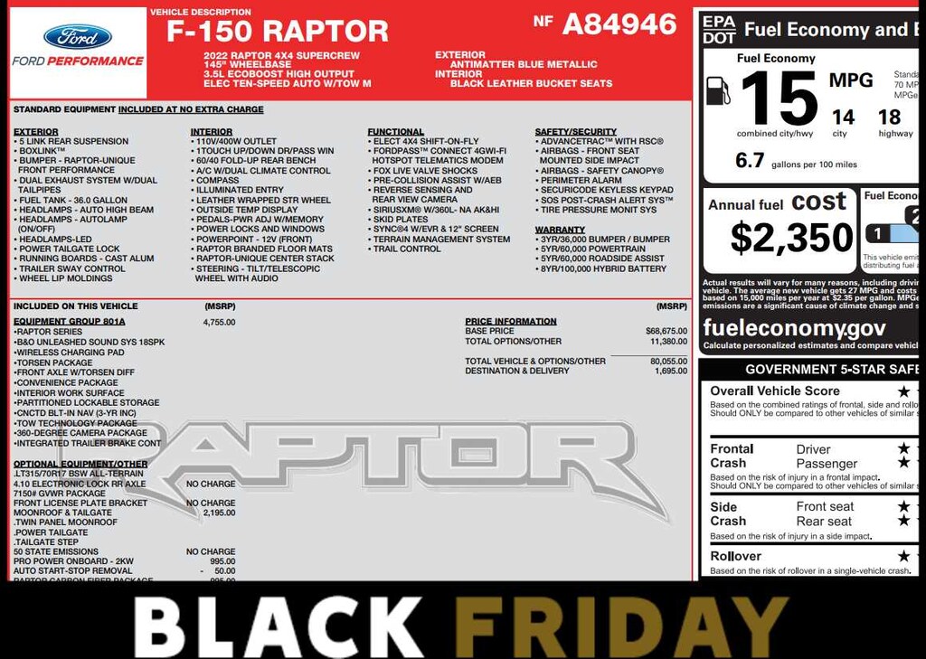 Used 2022 Ford F-150 Raptor 4WD Supercrew 5.5 Box 4WD SuperCrew 5.5 Box