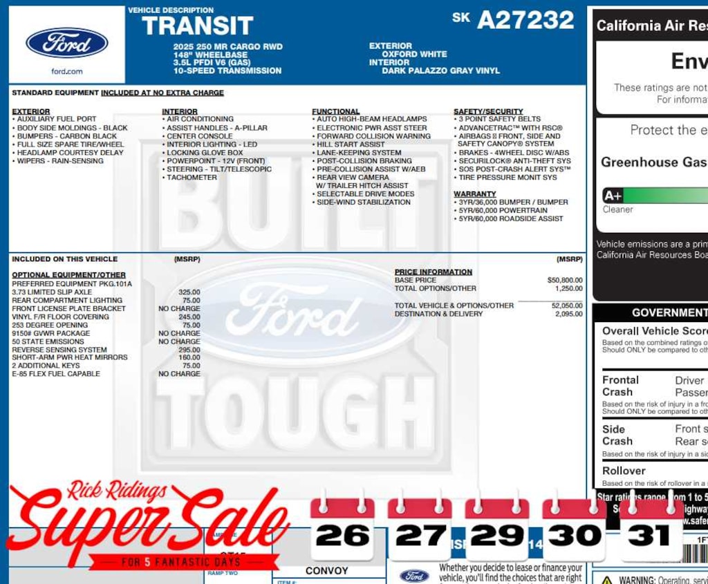 New 2025 Ford Transit Cargo Van T-250 148 Med Rf 9070 GVWR RWD