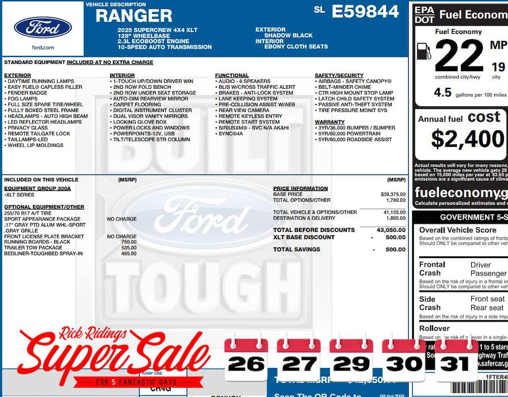 New 2025 Ford Ranger XLT 4WD Supercrew 5 Box 4WD SuperCrew 5 Box