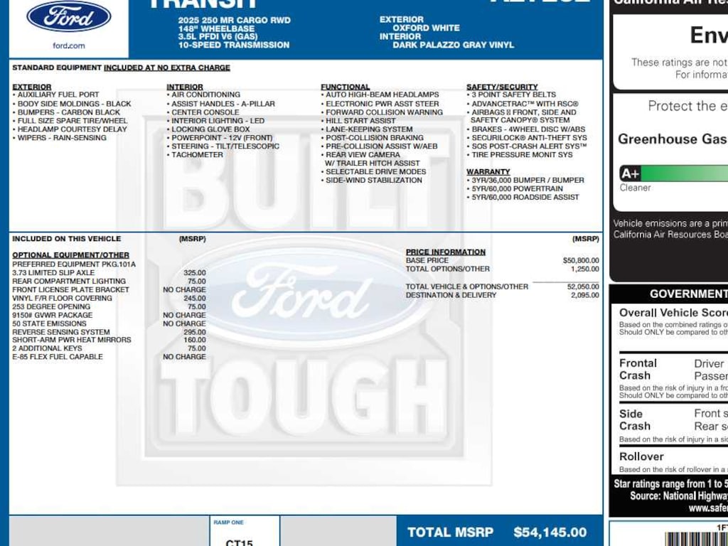 New 2025 Ford Transit Cargo Van T-250 148 Med Rf 9070 GVWR RWD