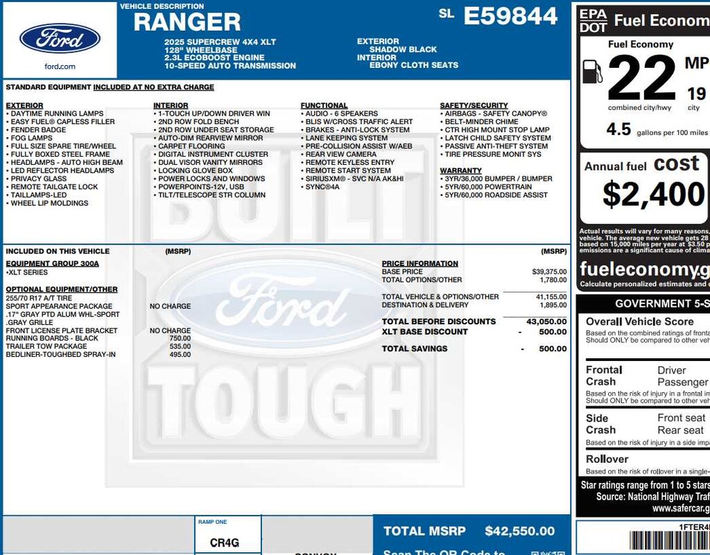 New 2025 Ford Ranger XLT 4WD Supercrew 5 Box 4WD SuperCrew 5 Box