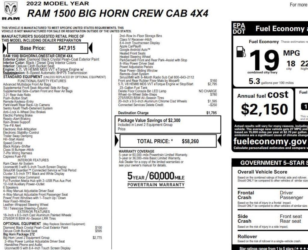 Used 2022 Ram 1500 Big Horn 4x4 Crew Cab 57 Box 4x4 Crew Cab 57 Box