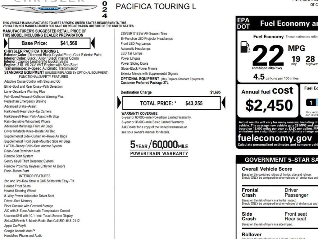 Used 2024 Chrysler Pacifica Touring L Van Passenger Van