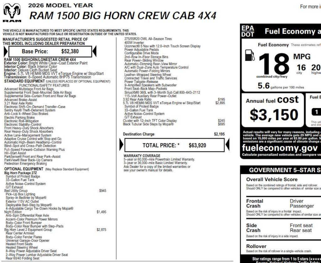 New 2026 Ram 1500 BIG HORN CREW CAB 4X4 5'7 BOX Pickup