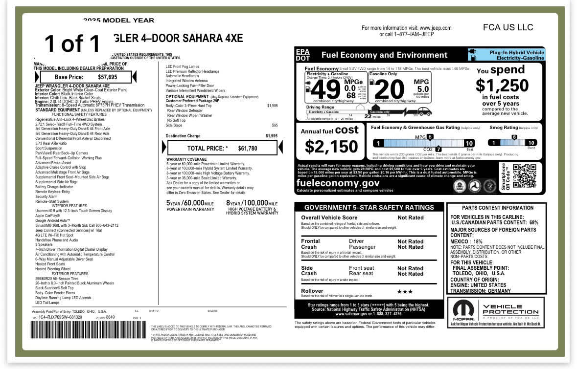 Used 2025 Jeep Wrangler 4xe Sahara 4XE with VIN 1C4RJXP69SW601320 for sale in Monticello, IL