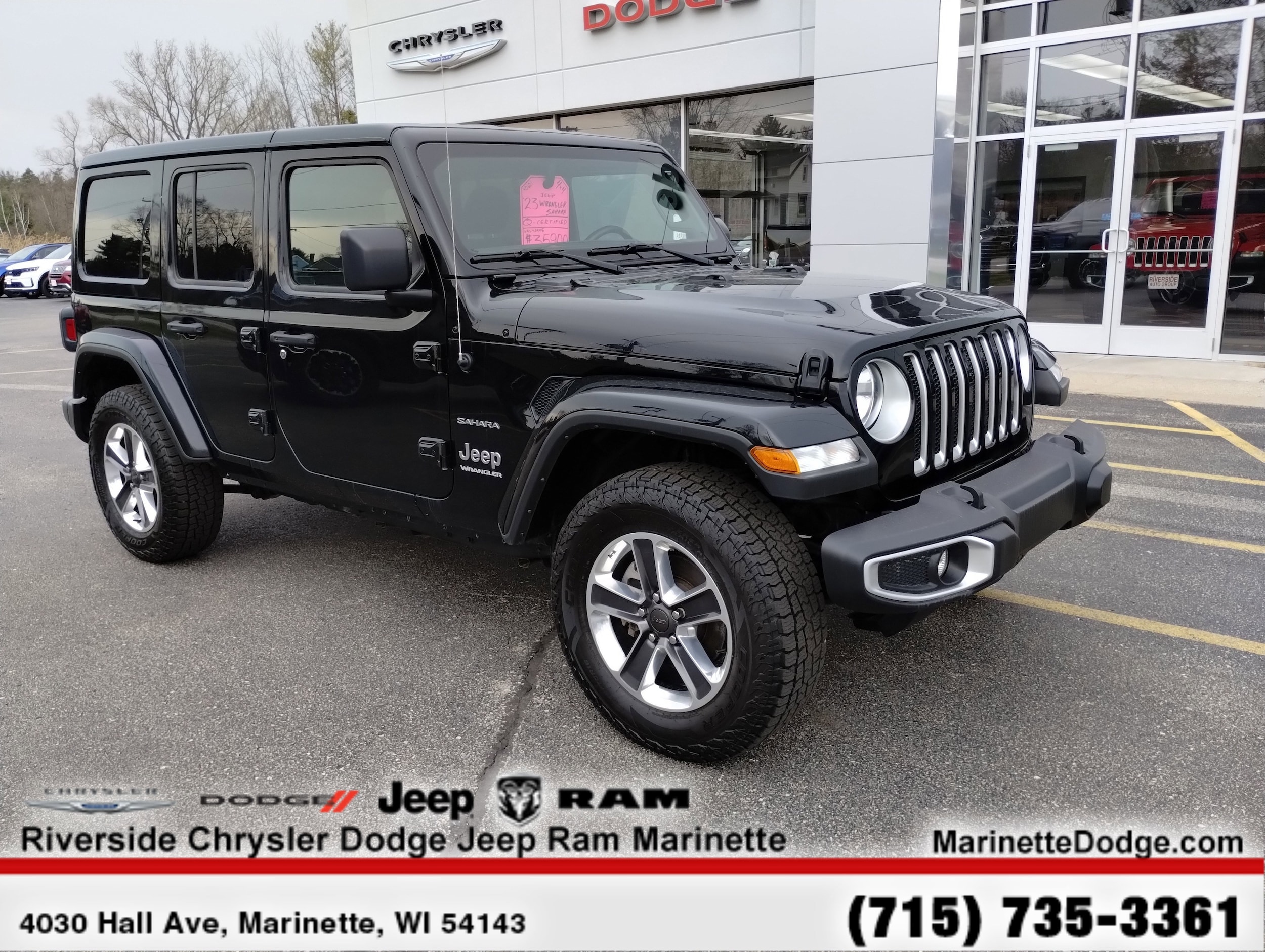 Used 2023 Jeep Wrangler 4-Door Sahara with VIN 1C4HJXEG9PW586459 for sale in Marinette, WI