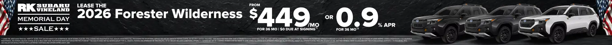 Memorial Day sale banner for RK Subaru Vineland featuring 2026 Subaru Forester Wilderness lease offer at $449/month or 0.9% APR with multiple Forester SUVs displayed.
