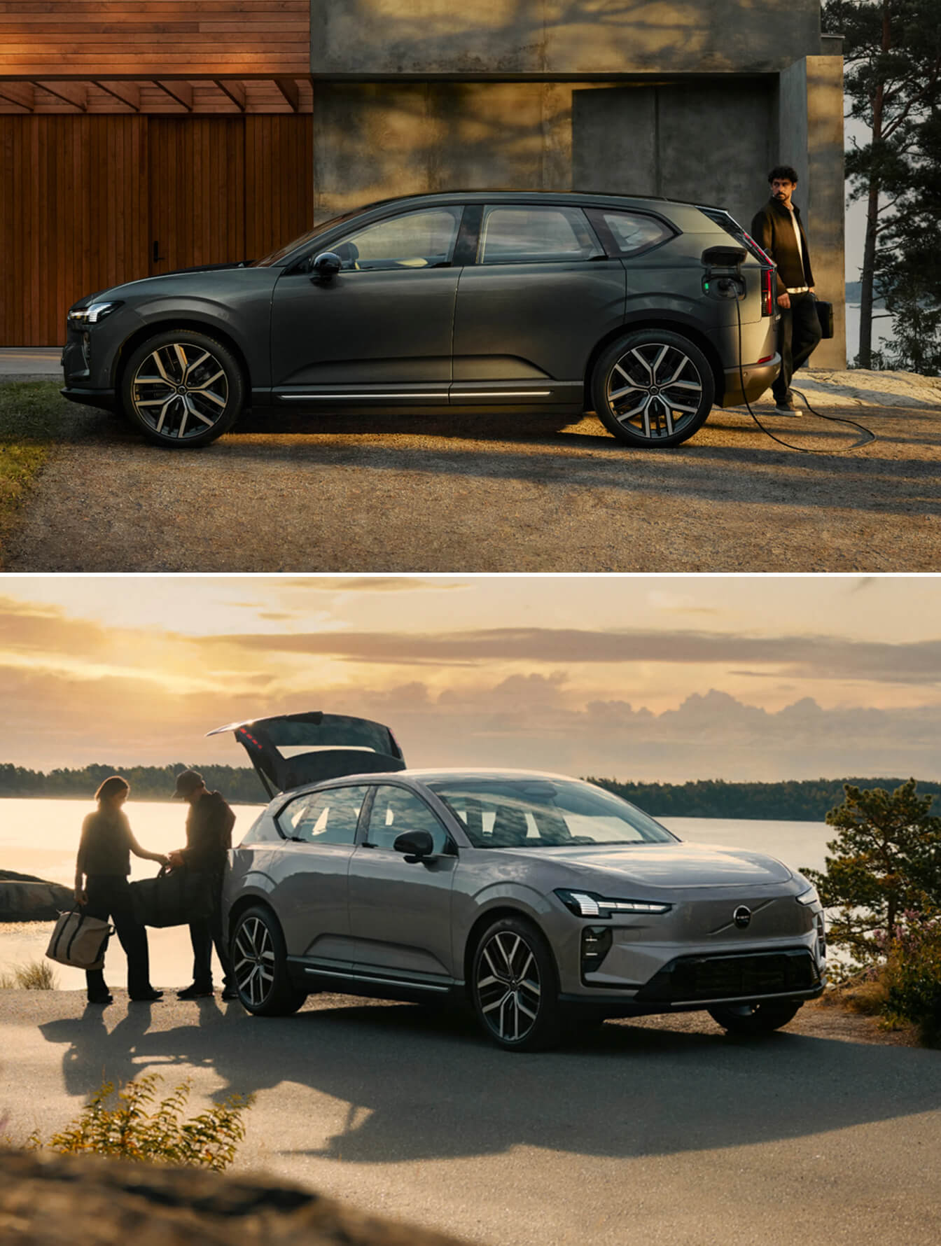 Exterior views of a dark gray Volvo XC60 parked in a driveway and on a remote waterside road.