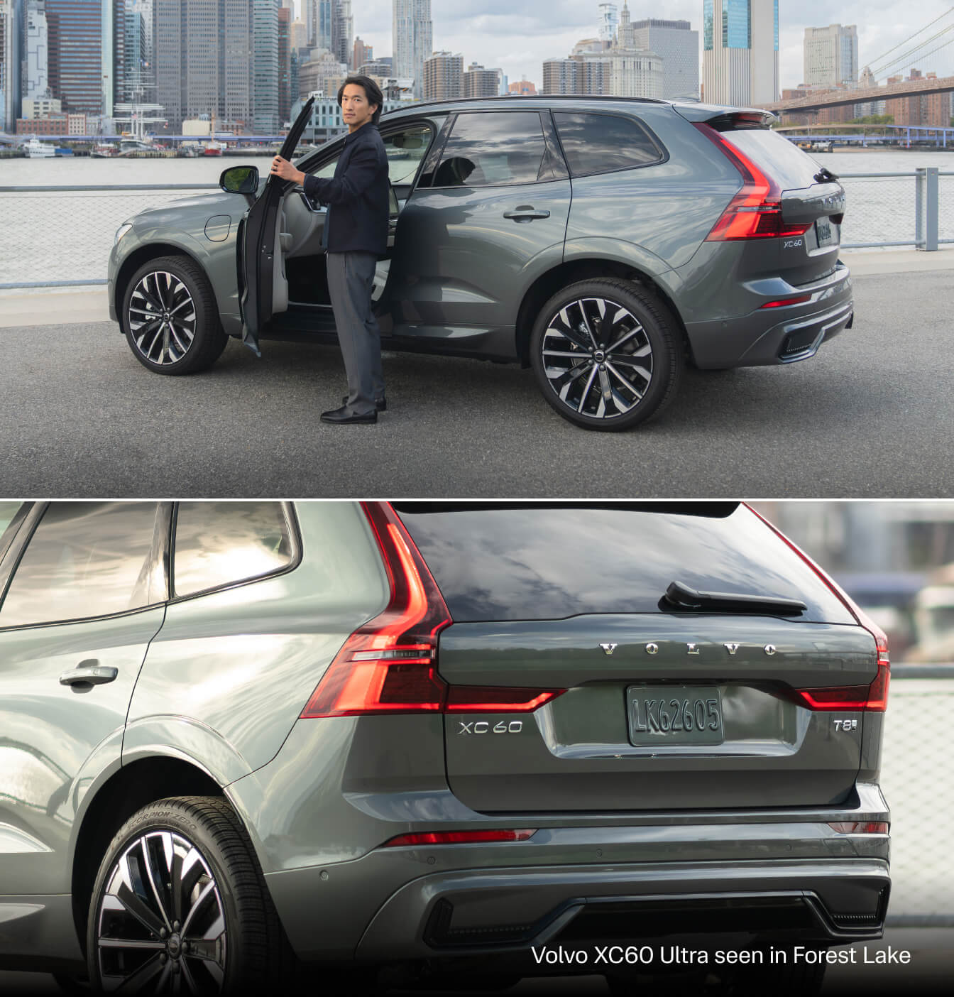 Top: 2027 Volvo XC60 Ultra in Forest Lake by a waterfront skyline with a man at the open door. Bottom: rear close-up.