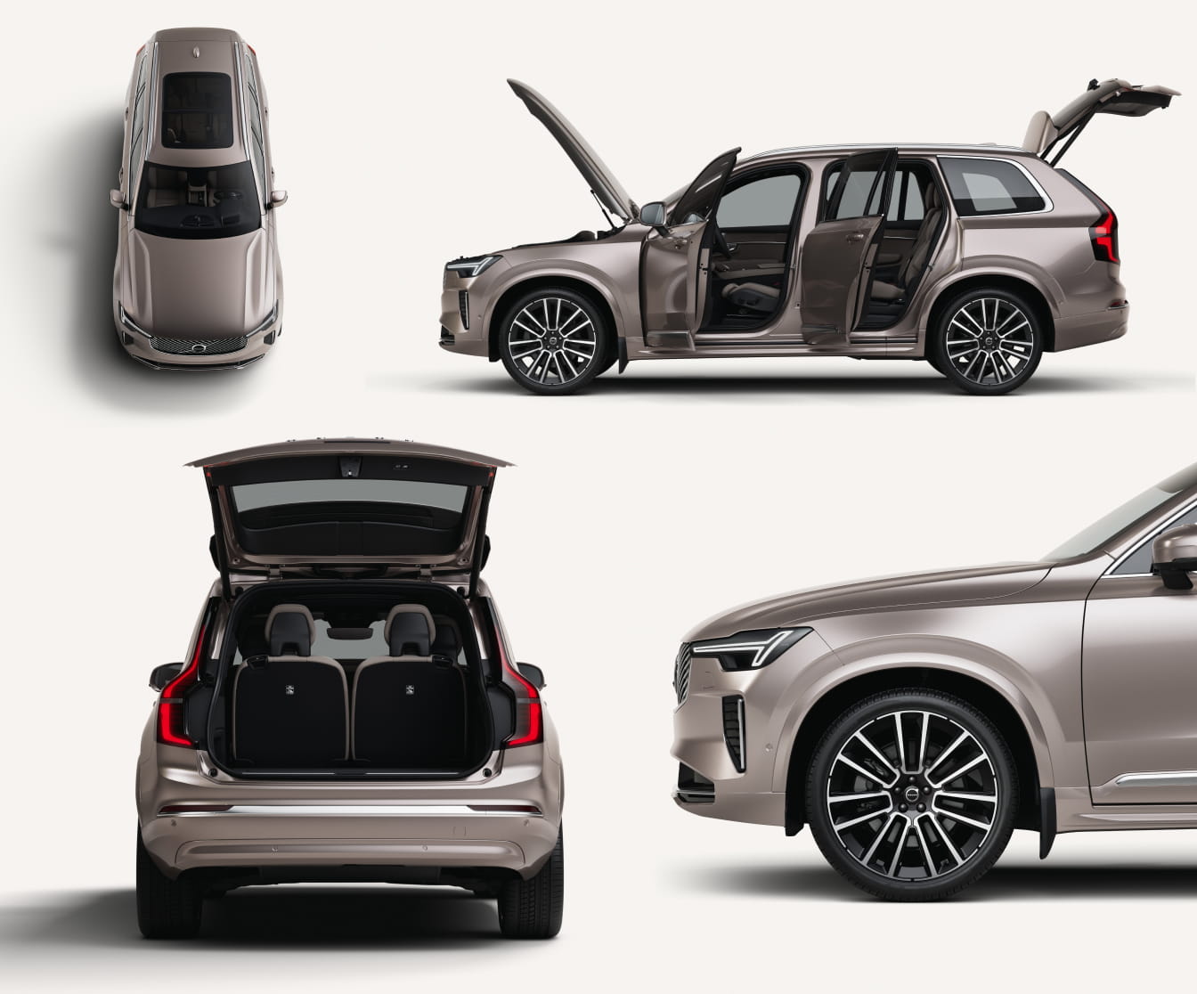 Five images of a Volvo XC90 SUV are displayed: top view, side with all doors open, rear with trunk open, detailed front wheel, and side profile.