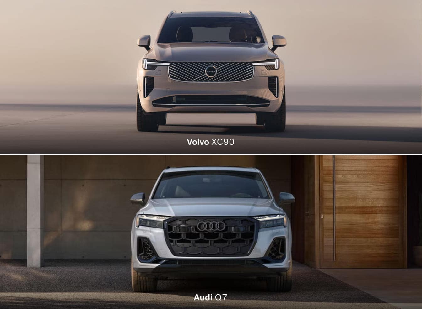 Split image featuring front views of two SUVs: a sleek Volvo XC90 in a serene open setting, and a bold Audi Q7 next to a modern building below.