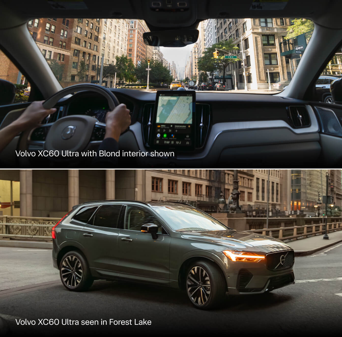 Top: 2027 Volvo XC60 Ultra Blond interior in city traffic. Bottom: XC60 Ultra in Forest Lake driving downtown.