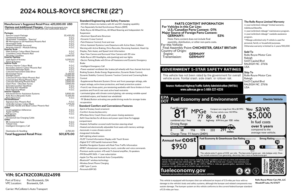 Certified 2024 Rolls-Royce Spectre Base with VIN SCATK2C03RU224598 for sale in Raleigh, NC