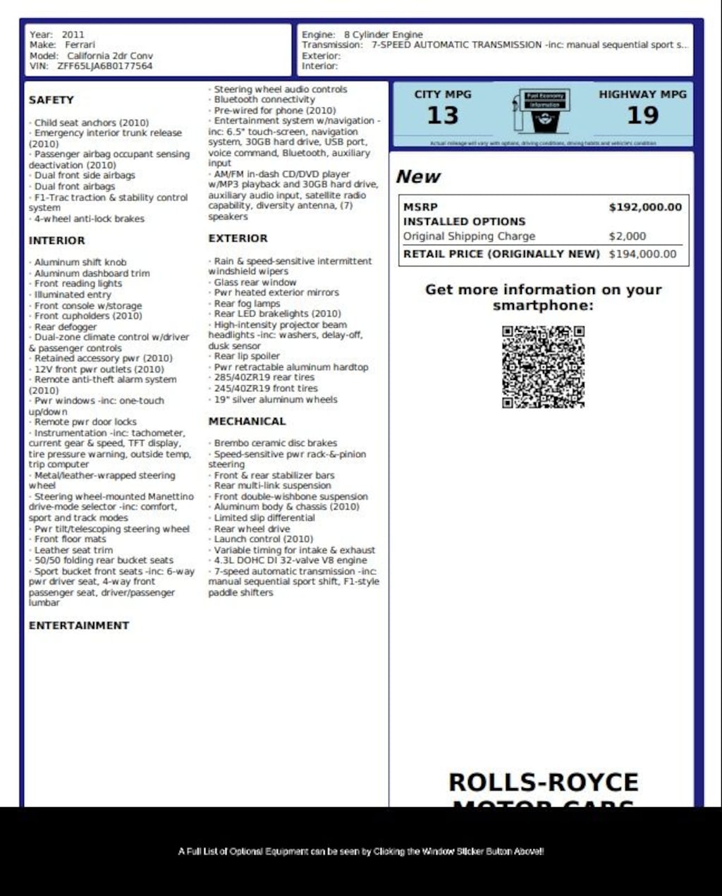 Used 2011 Ferrari California Base Convertible