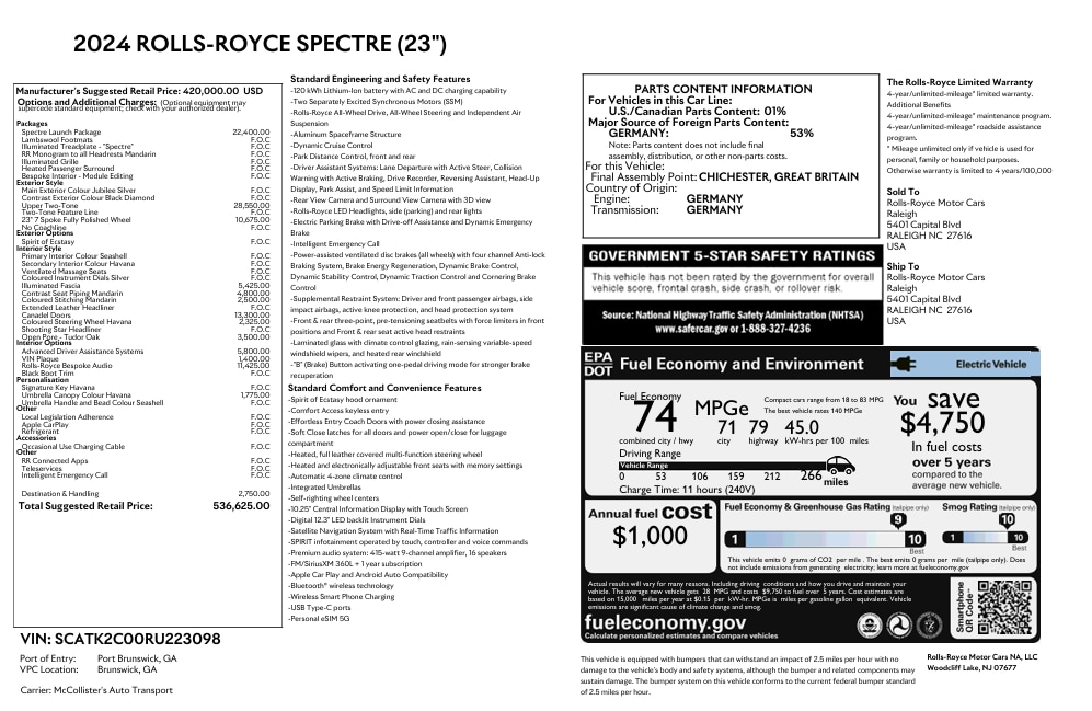 Certified 2024 Rolls-Royce Spectre Base with VIN SCATK2C00RU223098 for sale in Raleigh, NC