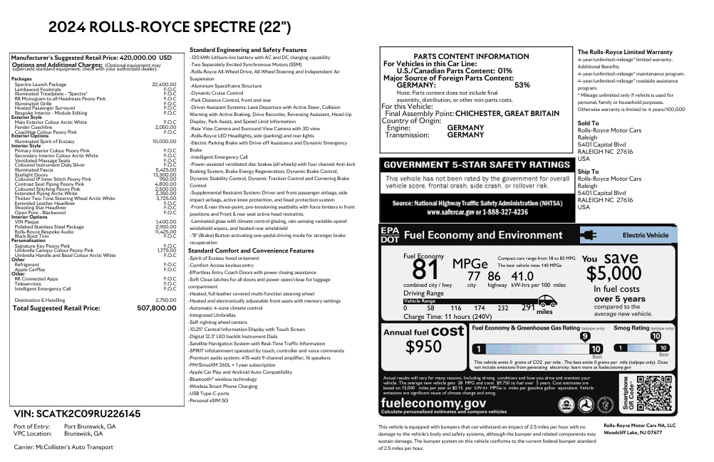 Certified 2024 Rolls-Royce Spectre Base with VIN SCATK2C09RU226145 for sale in Raleigh, NC