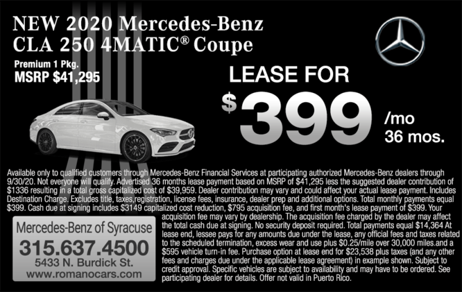 New 2020 Mercedes-Benz CLA 250 4MATIC Coupe Leases New 2020 Mercedes-Benz CLA 250 4MATIC Coupe Leases