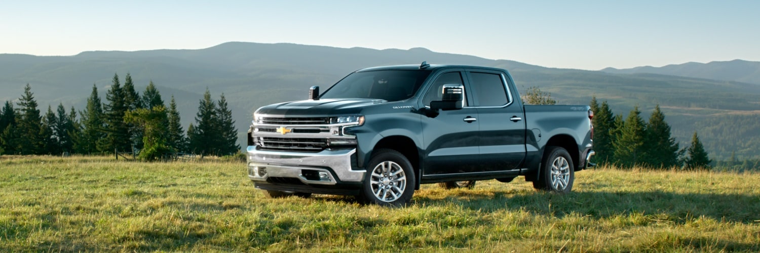 2025 Chevrolet Silverado 1500 LTZ Crew Cab Short Bed truck parked in grass overlooking mountain forests