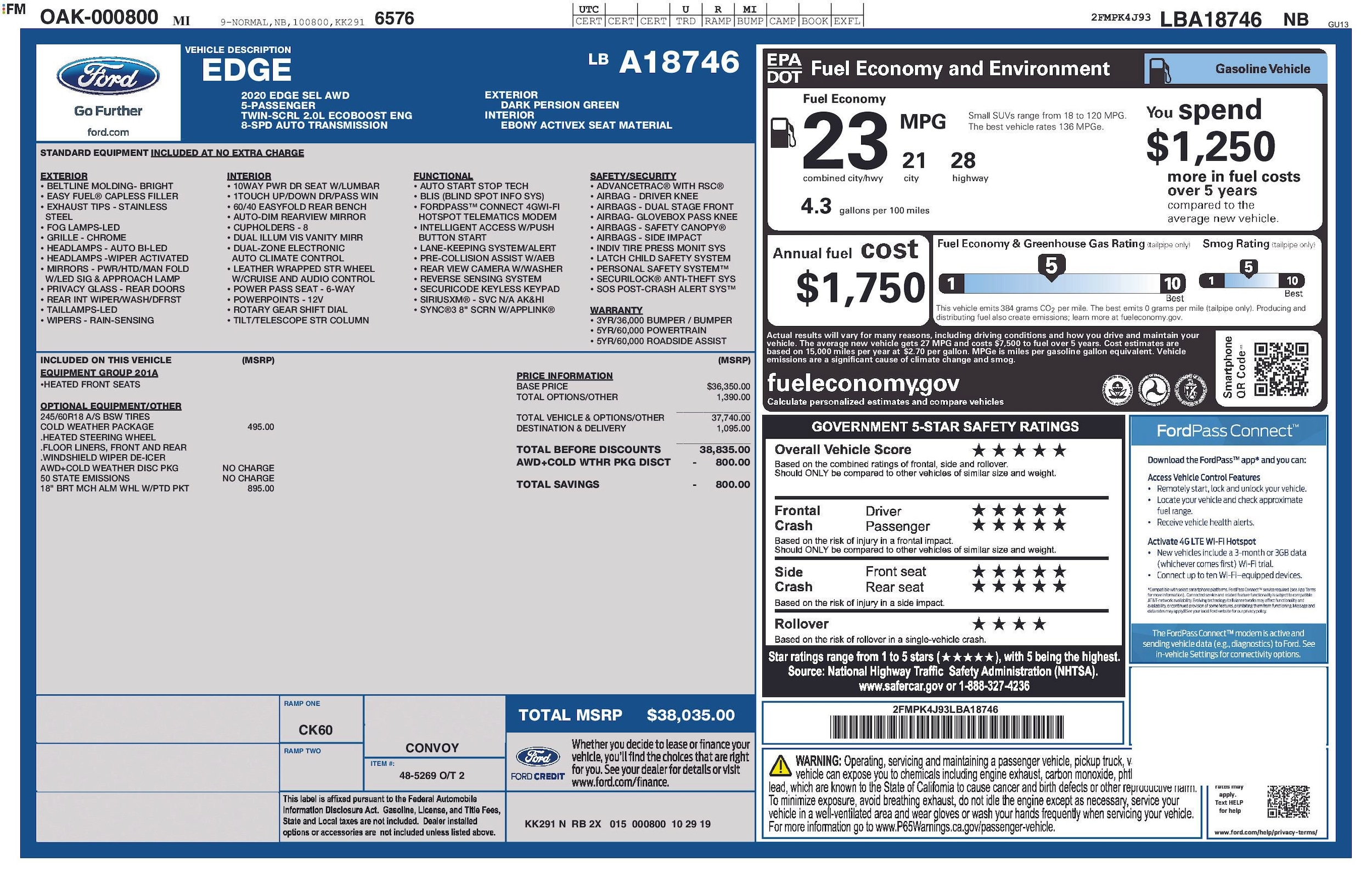 Used 2020 Ford Edge SEL with VIN 2FMPK4J93LBA18746 for sale in North Canton, OH