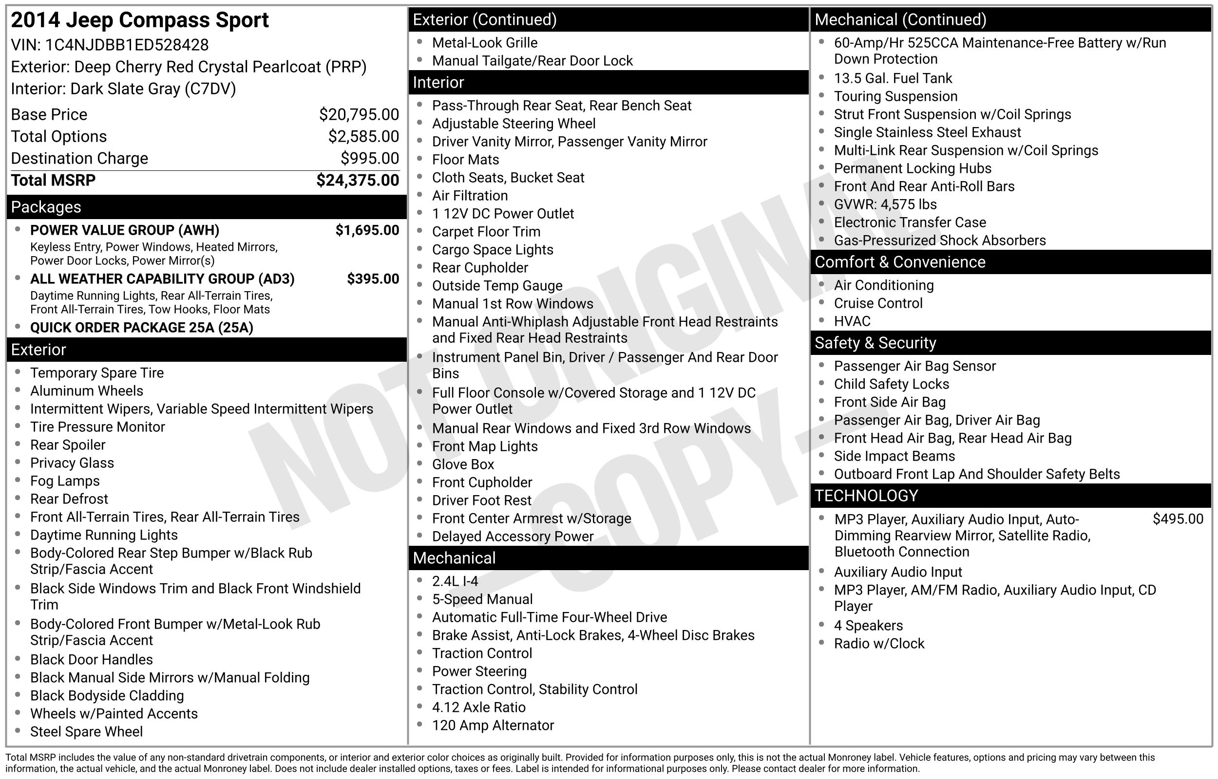 Used 2014 Jeep Compass Sport with VIN 1C4NJDBB1ED528428 for sale in Akron, OH