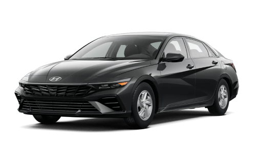Front three-quarter view of dark gray Hyundai Elantra against a plain white background.