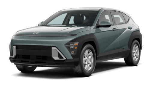 Front three-quarter view of sage green Hyundai Kona against a plain white background.