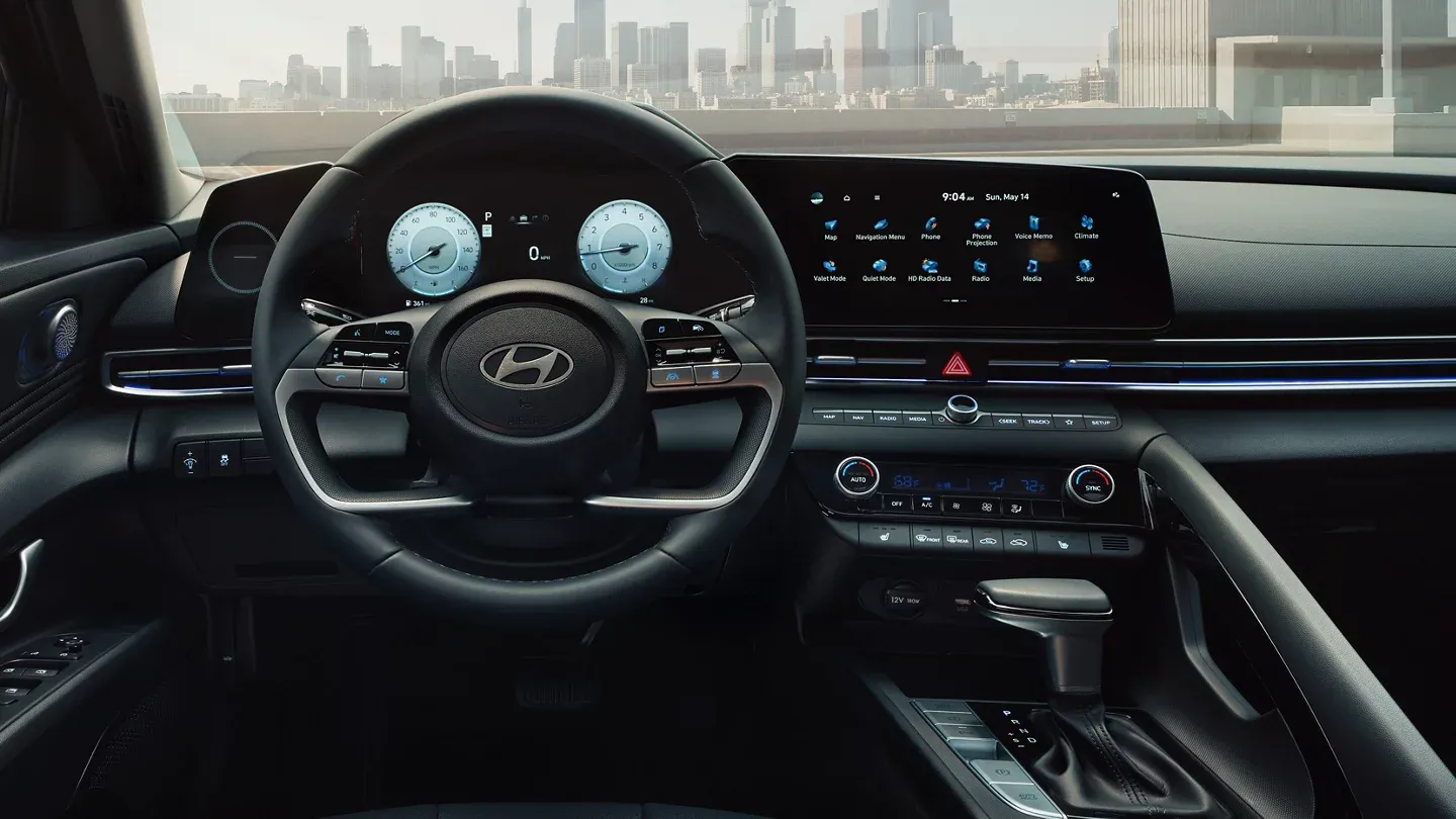 2025 Hyundai Elantra interior showcasing its infotainment touchscreen.