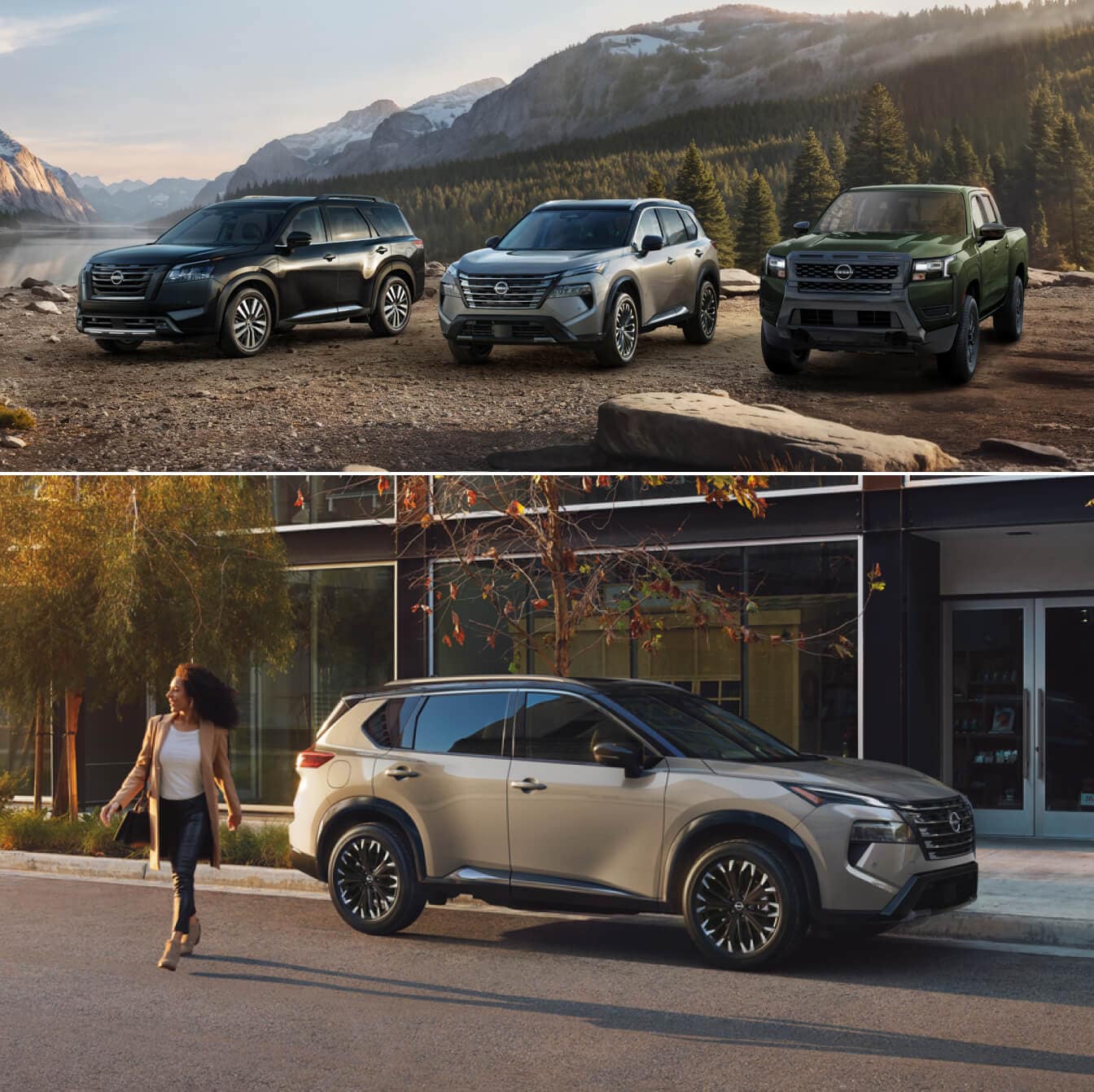 Top: Nissan Pathfinder, Nissan Rogue, and Nissan Frontier arranged along cliff at sunset/ Bottom: Woman walking along side parked Nissan Rogue.