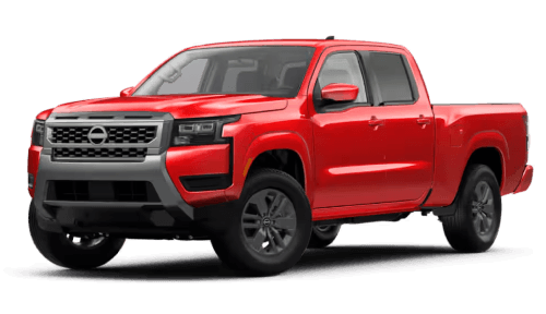 A front three-quarter view of a red 2026 Nissan Frontier