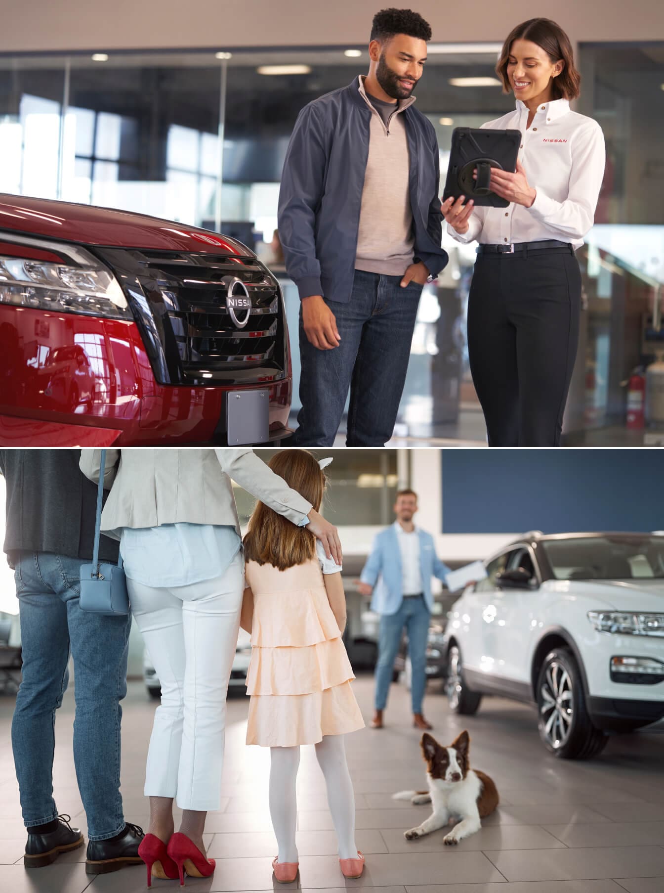 Top: Man talking to Nissan Dealership associate./ Bottom: Family marveling at the all the options Nissan has to bring with a helpful associate ready to greet them.