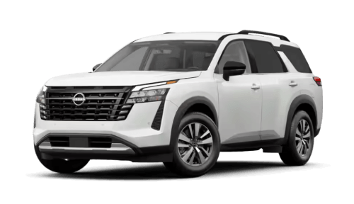 A front three-quarter view of a white 2026 Nissan Pathfinder