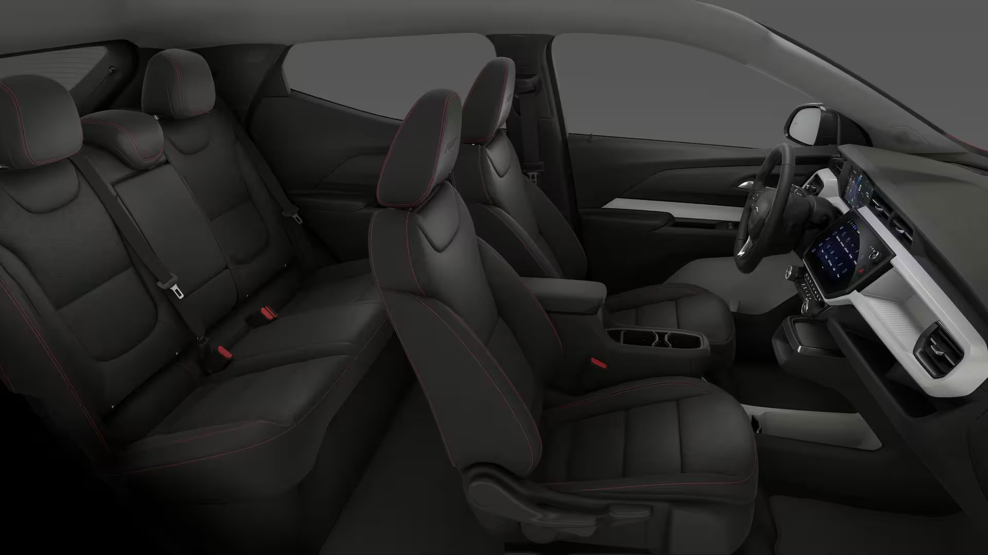 Interior close-up of the Bolt RS showing black Evotex seats with red stitching