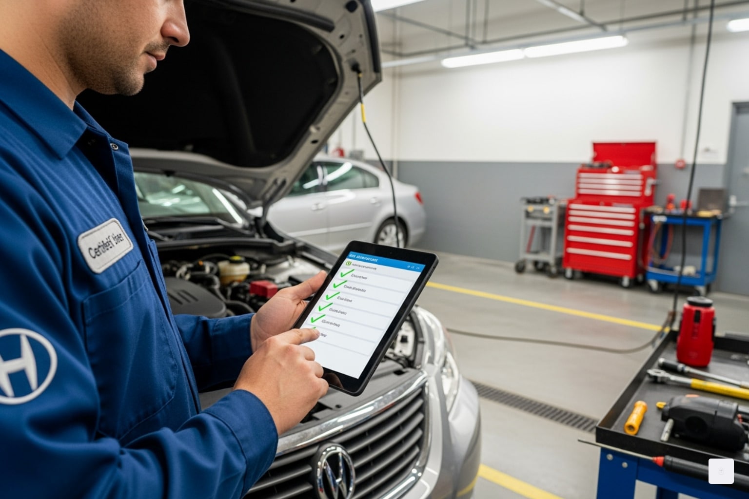 A certified Rosen technician using a tablet to check off items on a multi-point inspection list unde…