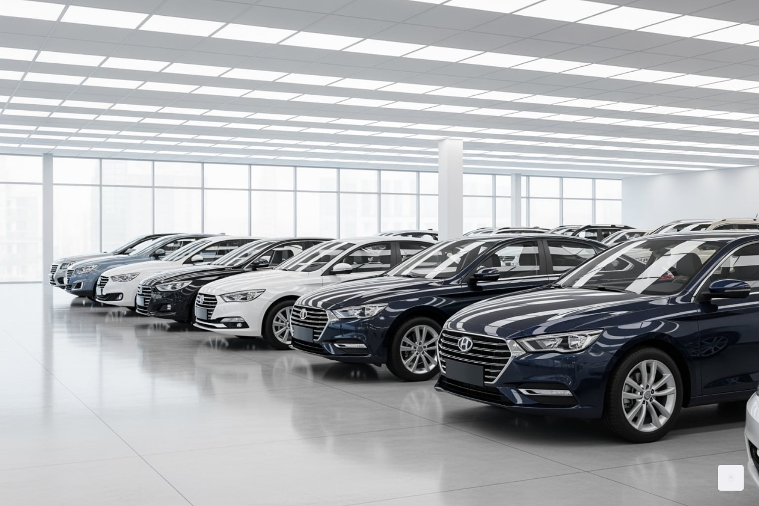 modern Hyundai Elantra, Tucson, and Santa Fe models lined up in a showroom - hyundai dealership milw…