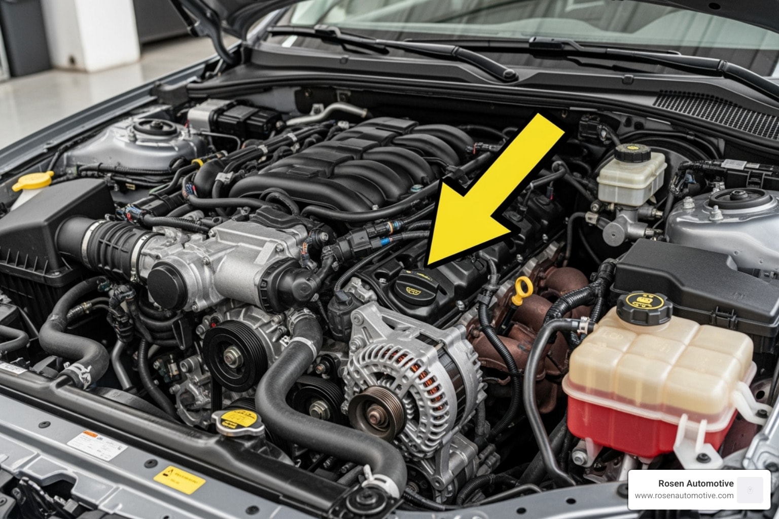 An engine bay with an arrow pointing to the alternator - alternator replacement near me