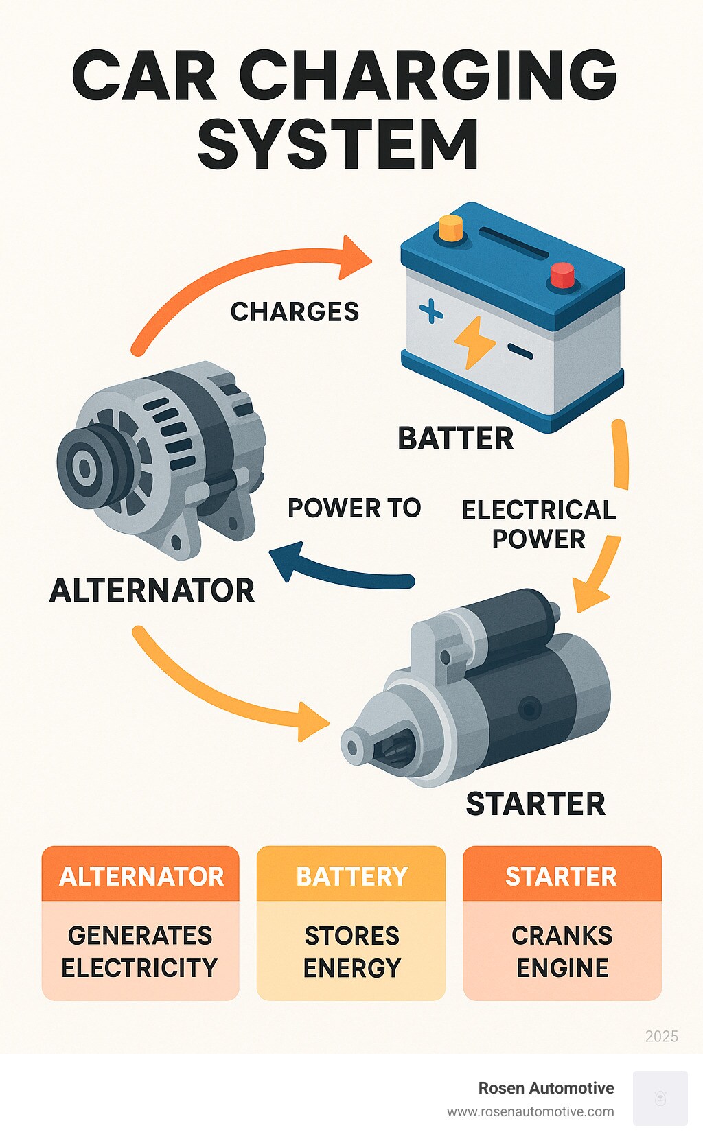 Detailed infographic showing the car's charging system with alternator connected to battery and star…