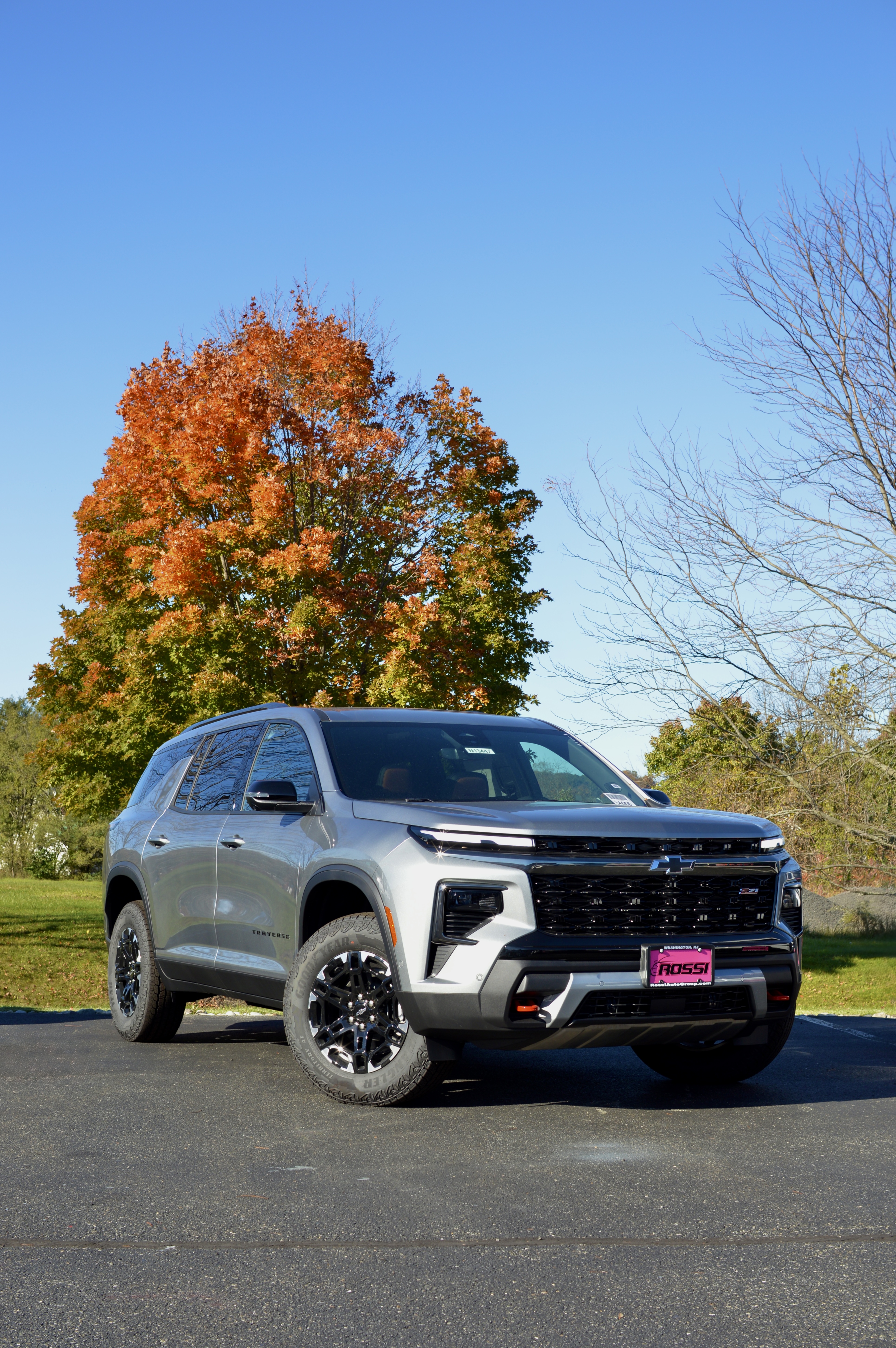 Silver Chevrolet Traverse Z71 photographed outdoors with autumn foliage