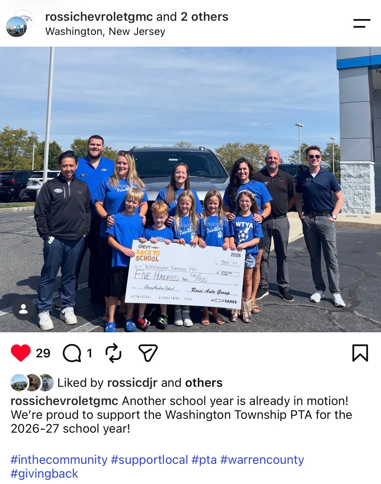 Rossi GMC team presenting Chevrolet Back to School support to Washington Township PTA for the 2026–27 school year
