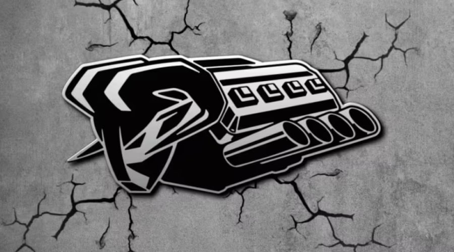 A stylized Ram truck engine graphic emblem on a cracked gray concrete backdrop, showcasing the bold performance styling available at Salerno Duane CJDR in Summit, New Jersey.